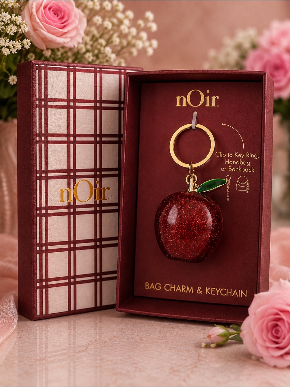 nOir Jewelry Sparkling Red Apple Bag Charm with Gold Ring and Green Leaf - Picture 4 of 7